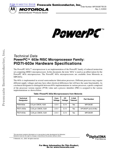 MOTOROLA Advance Information PowerPC 603e RISC Microprocessor Family: PID6-603e Hardware Speci cations handbook(1) - cover page