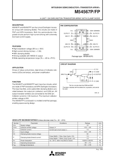 Mitsubishi M54567P/FP Darlington Transistor Array Datasheet - cover page