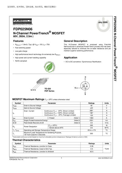 Fairchild FDP025N06 N-Channel PowerTrench MOSFET Datasheet - cover page