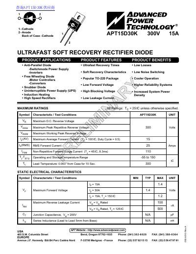 Advanced Power Technology APT15D30K Ultrafast Soft Recovery Rectifier Diode Datasheet - cover page