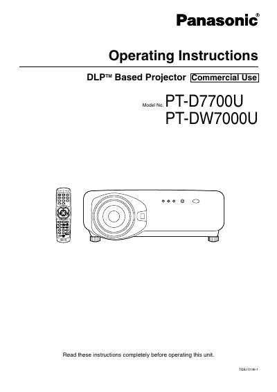 Panasonic PT-D7700U/PT-DW7000U DLP Projector Operating Instructions