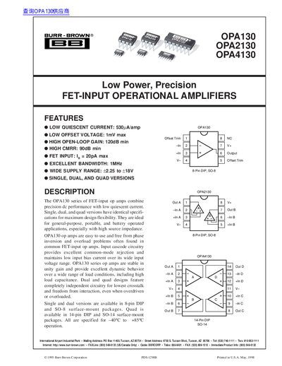 Burr-Brown OPA130/OPA2130/OPA4130 Low Power Precision FET-INPUT Operational Amplifiers Datasheet - cover page