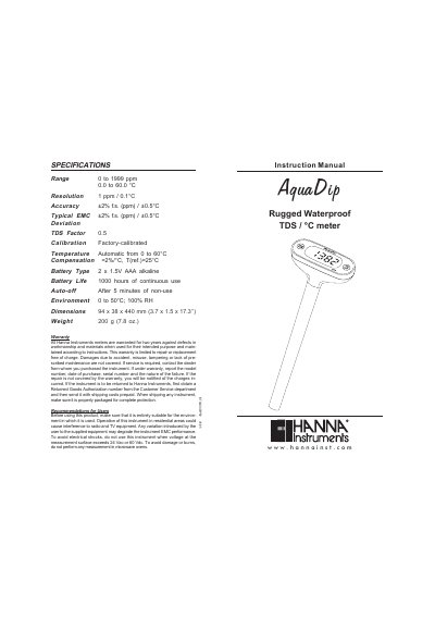 Hanna Instruments AguaDip Rugged Waterproof TDS / °C Meter Instruction Manual - cover page