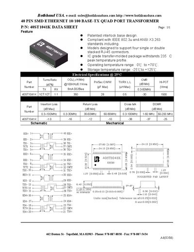 Bothhand 40ST1041K Quad Port Ethernet Transformer Datasheet - cover page