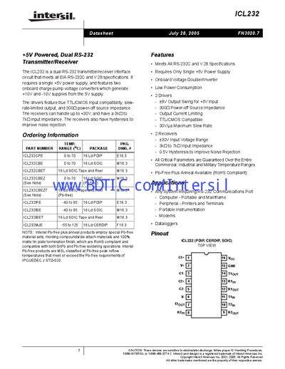 Intersil ICL232 Dual RS-232 Transmitter/Receiver Datasheet - cover page