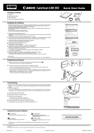 Canon LiDE 100 Quick Start Guide - cover page