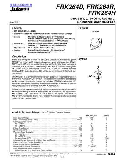 intersil FRK264D FRK264R FRK264H 34A 250V 0.120 Ohm Rad Hard N-Channel Power MOSFETs - cover page