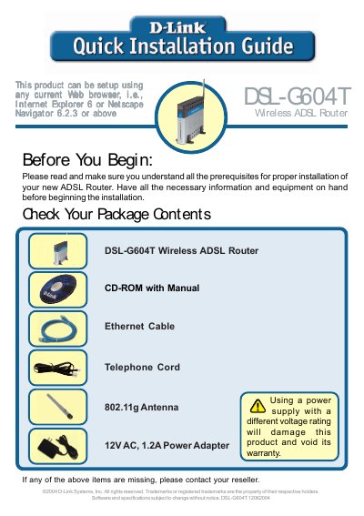D-Link DSL-G604T Quick Installation Guide