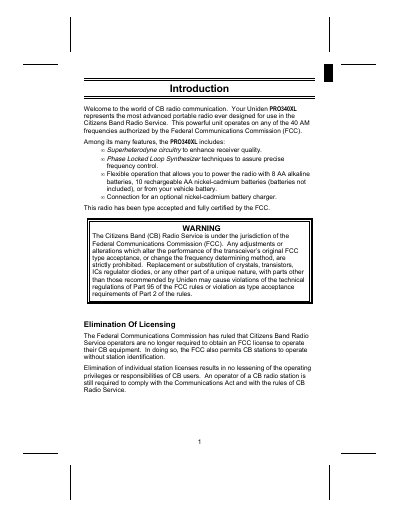Uniden PRO340XL CB Radio Operating Guide - cover page