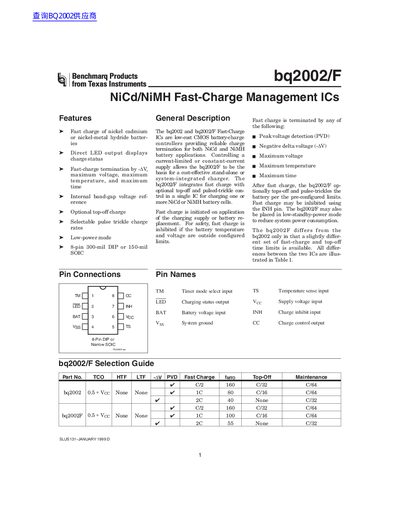 Texas Instruments bq2002/F Fast-Charge Management IC Datasheet - cover page