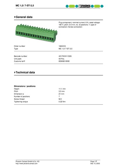 Phoenix Contact MC 1,5/7-ST-3,5 Product Data Handbook - cover page
