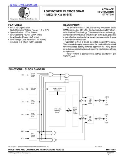 Integrated Device Technology Inc IDT71T016 LOW POWER 2V CMOS STATIC RAM 1 MEG (64K x 16-BIT) - cover page