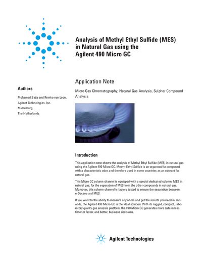 Agilent 490 Micro GC Application Note for MES Analysis in Natural Gas - cover page