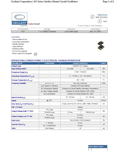 Oscilent 431 Series SMD Crystal Oscillator Datasheet - cover page