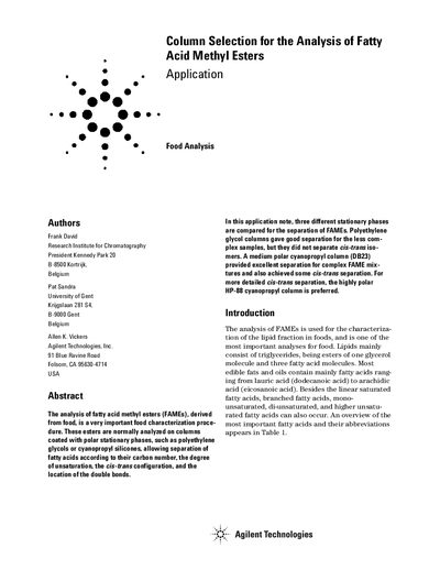 Column Selection for the Analysis of Fatty Acid Methyl Esters Application Note - cover page
