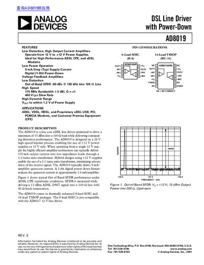 Analog Devices AD8019 DSL Line Driver with Power-Down Datasheet - cover page