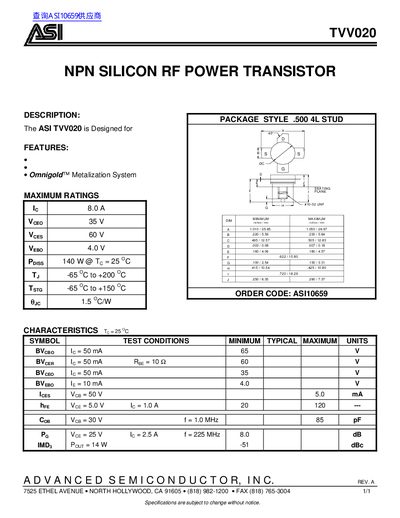 ASI TVV020 NPN Silicon RF Power Transistor Datasheet - cover page