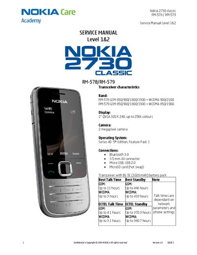 Nokia 2730 Classic Service Manual Level 1&2 - cover page