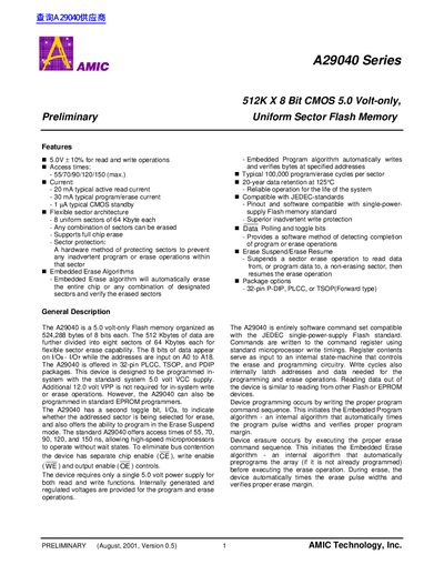 AMIC A29040 Series 512K X 8 Bit Flash Memory Datasheet - cover page