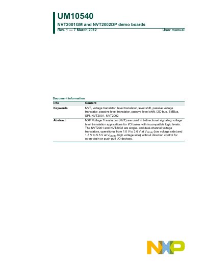NXP UM10540 NVT2001GM NVT2002DP demo boards Manual - cover page