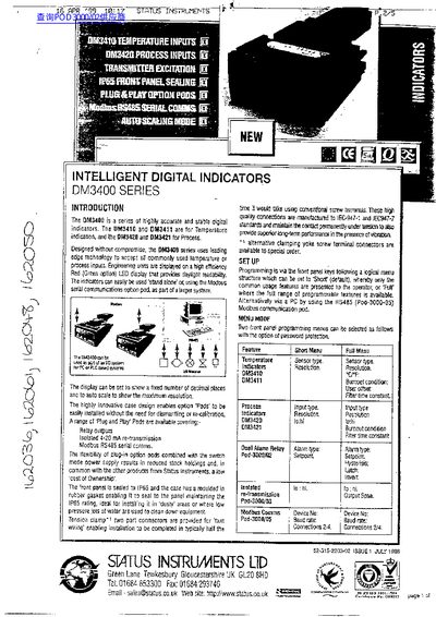 Status Instruments DM3400 Series Intelligent Digital Indicators User Manual - cover page