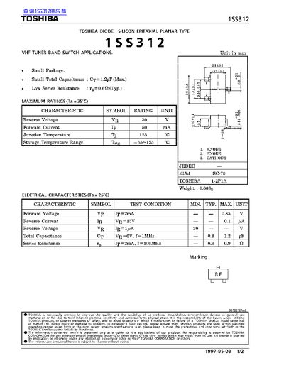 Toshiba 1SS312 Silicon Epitaxial Planar Diode Datasheet - cover page