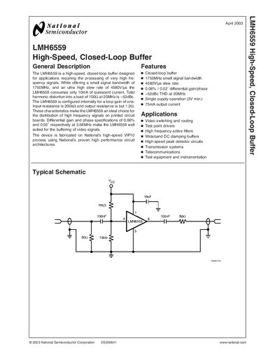 National Semiconductor LMH6559 High-Speed Closed-Loop Buffer Datasheet - cover page