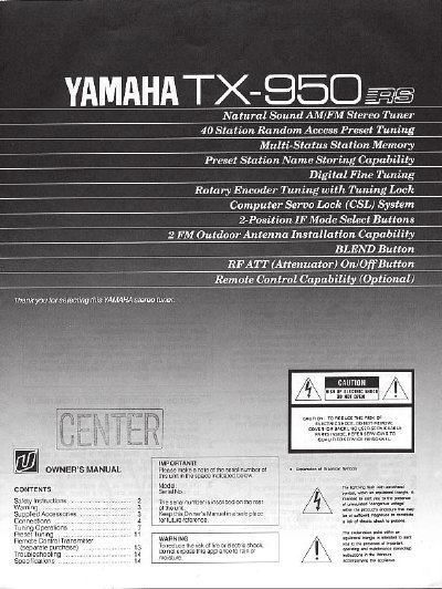 YAMAHA TX-950RS OWNER'S MANAUAL - cover page