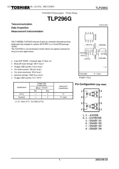 Toshiba TLP296G Photocoupler Datasheet - cover page