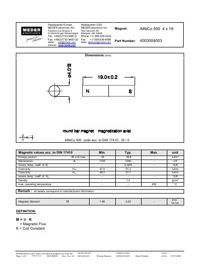MEDER AlNiCo 500 4 x 19 Part Number: 4003004003 handbook - cover page