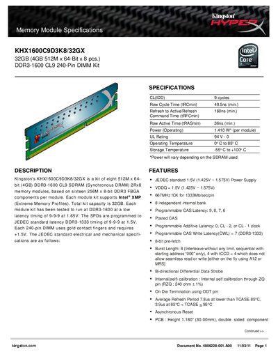 Kingston KHX1600C9D3K8/32GX Memory Module Specifications Manual - cover page