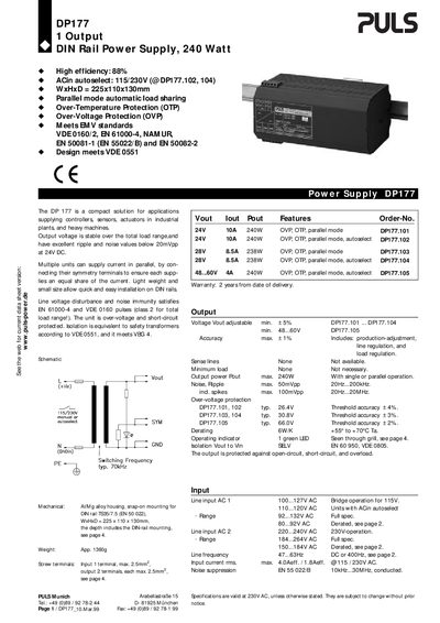 PULS DP177 DIN Rail Power Supply 240 W User Manual