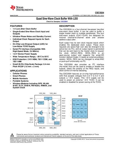 Texas Instruments CDC3S04 Quad Sine‑Wave Clock Buffer with LDO Datasheet - cover page