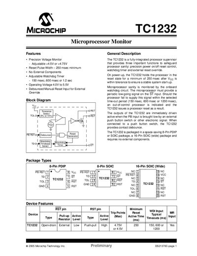Microchip TC1232 Microprocessor Monitor Datasheet - cover page