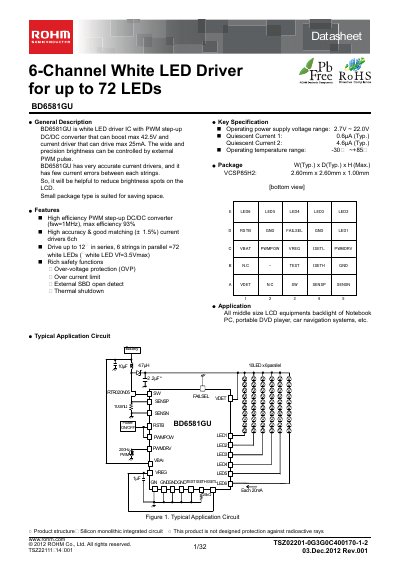 ROHM BD6581GU 6-Channel White LED Driver Datasheet - cover page