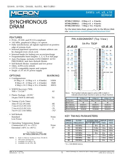 Micron MT48LC16M4A2 SDRAM Datasheet - cover page