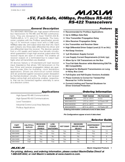 MAXIM MAX3465-MAX3469 High-Speed Differential Bus Transceivers Datasheet - cover page