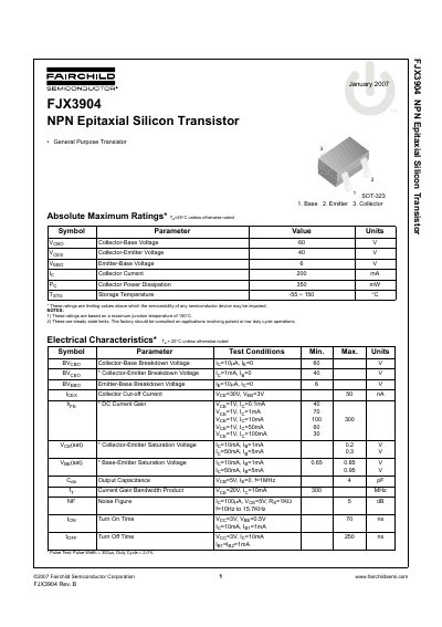 Fairchild Semiconductor FJX3904 NPN Epitaxial Silicon Transistor Datasheet - cover page