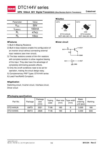 ROHM DTC144VKA Datasheet - cover page