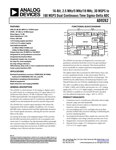 Analog Devices AD9262 16‑Bit Dual‑Channel Continuous‑Time Sigma‑Delta ADC Datasheet