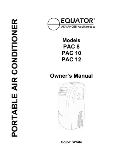 Equator PAC 8/PAC 10/PAC 12 Portable Air Conditioner Owner's Manual - cover page