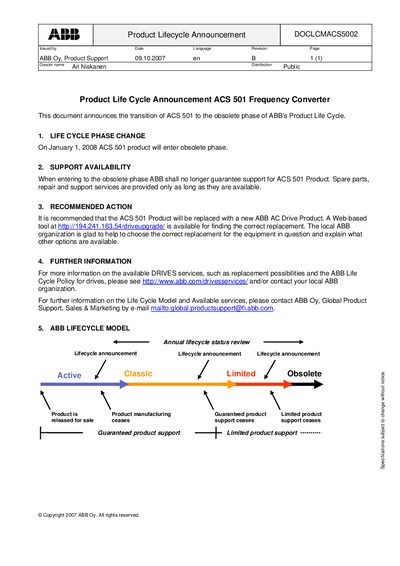 ABB ACS 501 Frequency Converter Product Lifecycle Announcement - cover page