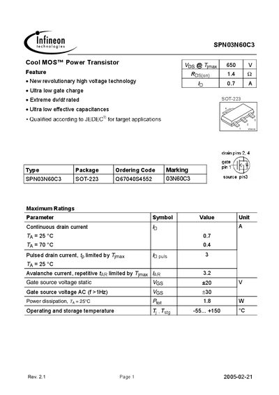 Infineon SPN03N60C3 Datasheet - cover page