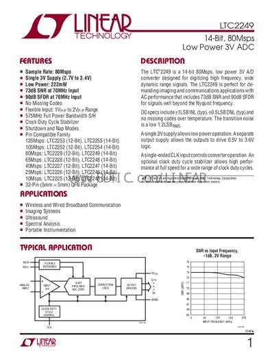 Linear Technology LTC2249 14-Bit 80Msps Low Power 3V ADC Datasheet - cover page