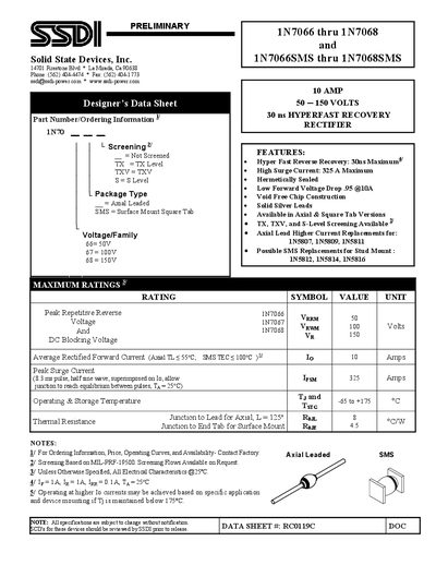SSDI 1N7066 thru 1N7068 1N7066SMS thru 1N7068SMS DATA SHEET - cover page