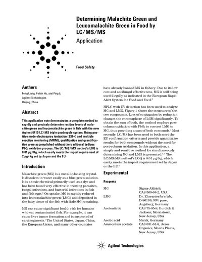 Agilent 6410 LC/MS Application Note: Determining Malachite Green and Leucomalachite Green in Food - cover page