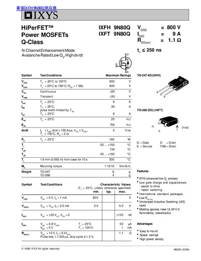 IXYS IXFH 9N80Q/IXFT 9N80Q Power MOSFET Datasheet - cover page