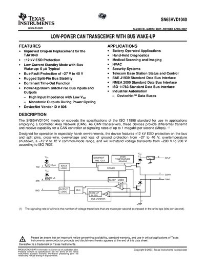 Texas Instruments SN65HVD1040 CAN Transceiver Datasheet - cover page