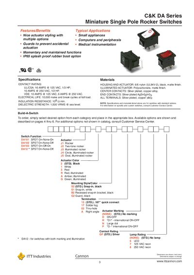 ITT Cannon C&K DA Series Miniature Single Pole Rocker Switches Handbook - cover page