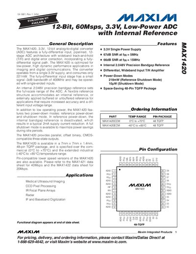 Maxim MAX1420 12-Bit 60Msps 3.3V Low-Power ADC with Internal Reference Datasheet - cover page